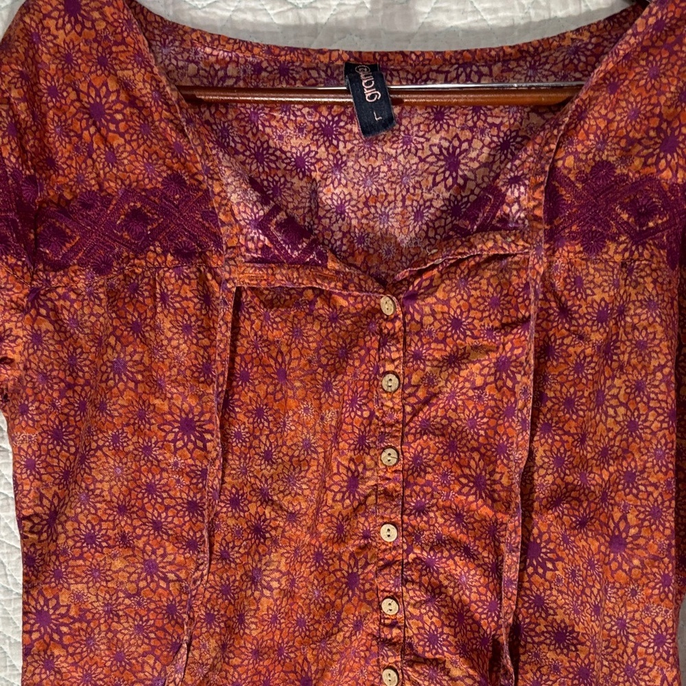 Boho Button-Front Printed Blouse in Rust and Plum - Picture 3 of 9
